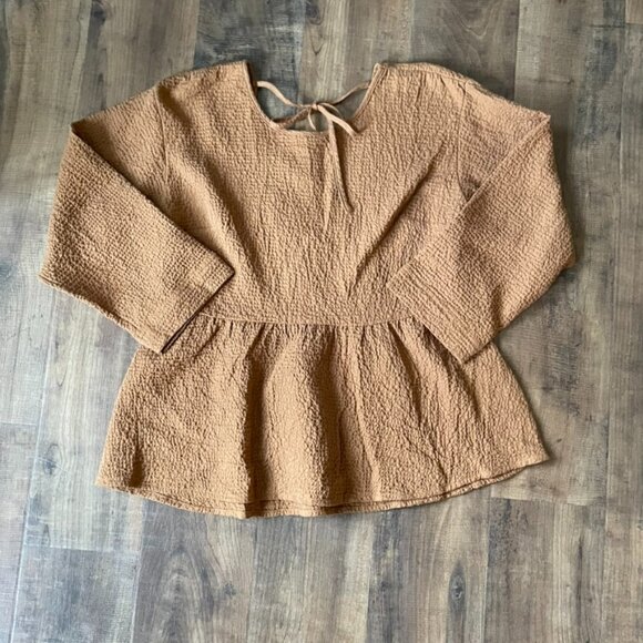 Madewell Brown Crinkled Peplum Blouse XS Long Sleeve Textured Tie-Back Top - Picture 2 of 9